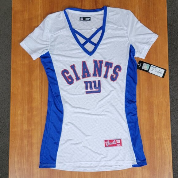 NWT Women's White Blue Criss-Cross NY Giants Football Mesh Tee - S - Picture 2 of 12